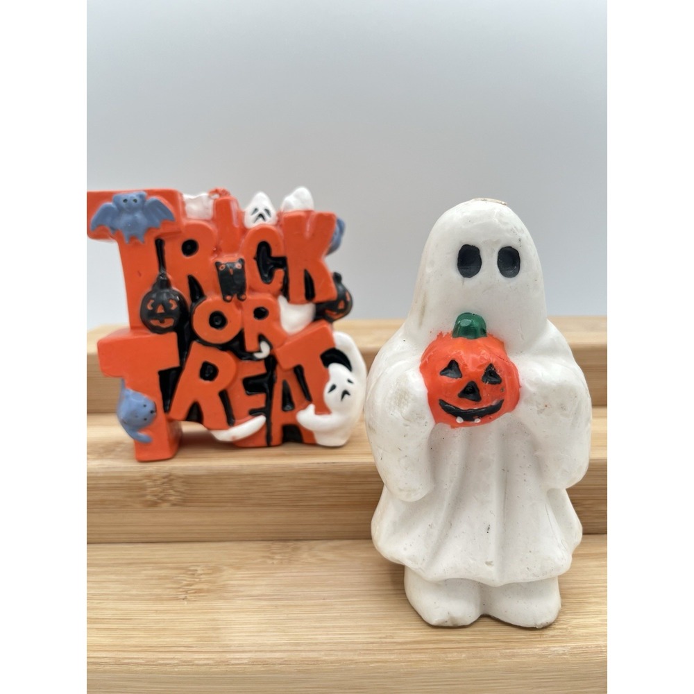 Vintage Halloween Ghost Pumpkin Trick or Treat Figurines Lot of 2 Ghost Damaged
